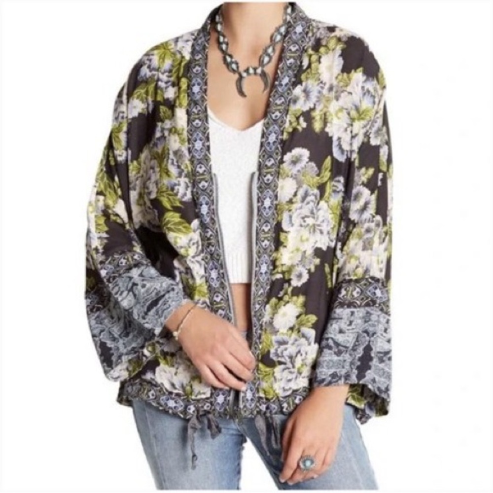 Free People Wildflower Cinched Kimono Blouse Floral Zip Up Bohemian Boho Chic